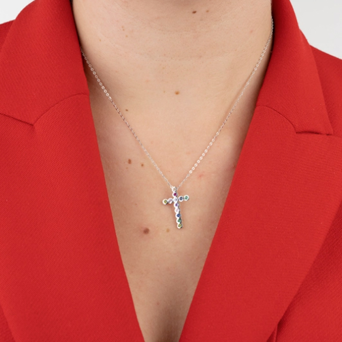 Дамски колие от 925 Сребро - с форма Кръст - Цирконий - Многоцветен