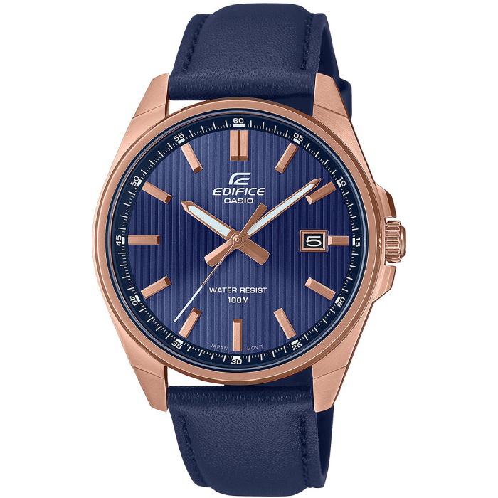 Мъжки ръчен часовник с кварцов механизъм - корпус от Стомана - Естествена кожа - цвят Син Син