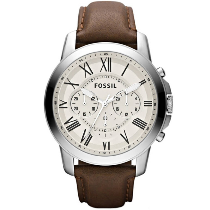 Мъжки ръчен часовник с кварцов механизъм - корпус от Стомана - Естествена кожа - цвят Бял Кафяв