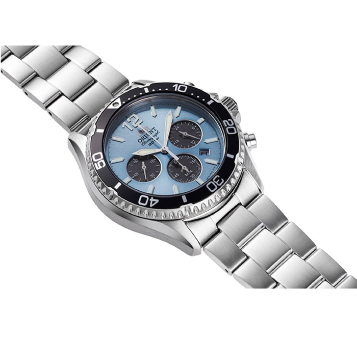 Orient RA-TX0206L Mako Solar - Мъжки ръчен часовник с кварцов механизъм - корпус от Стомана - Стоманена верижка - цвят Син Сив