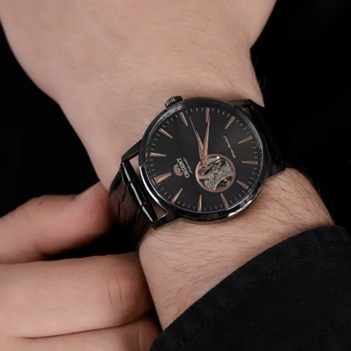 Orient FAG02001B Open Heart - Мъжки ръчен часовник с автоматичен механизъм - корпус от Стомана - Естествена кожа - цвят Черен Черен