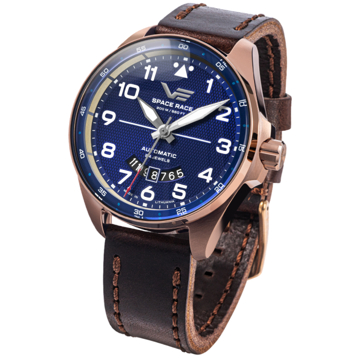 Мъжки ръчен часовник с автоматичен механизъм - корпус от Стомана - Естествена кожа - цвят Син