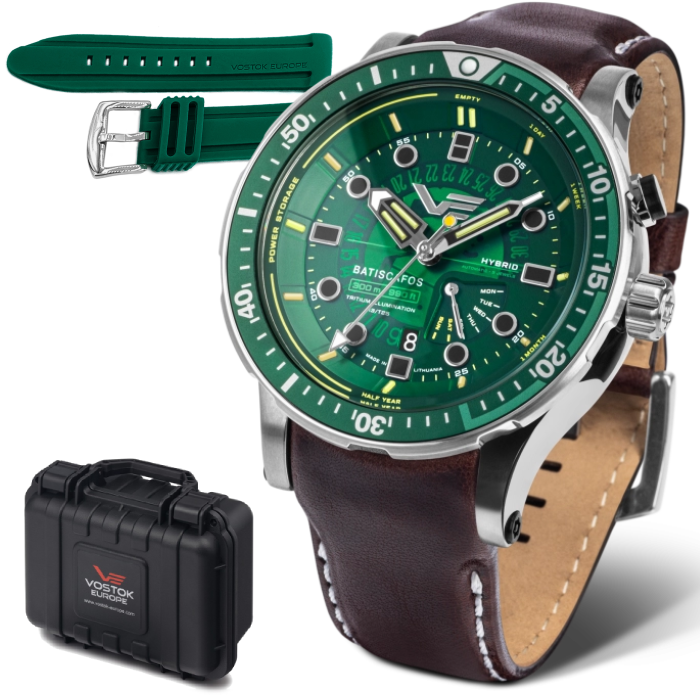 Мъжки ръчен часовник с автокварц механизъм - корпус от Стомана - Естествена кожа - цвят Зелен Зелен