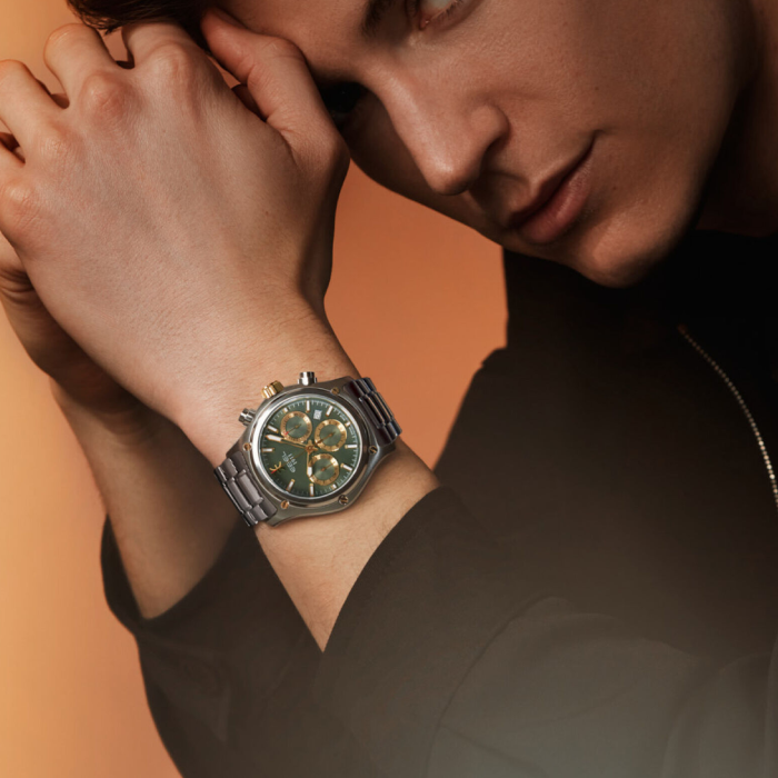 Мъжки ръчен часовник с автоматичен механизъм - корпус от Стомана и злато 18К - Стоманена верижка - цвят Черен Биколор