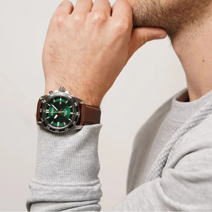 Мъжки ръчен часовник с кинетичен механизъм - корпус от Стомана - Естествена кожа - цвят Зелен