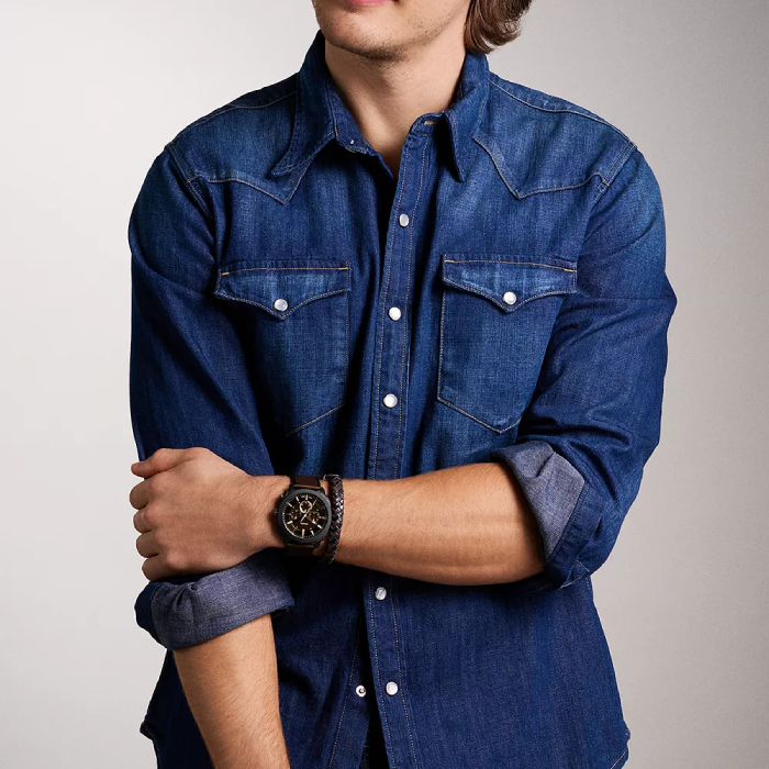 Мъжки ръчен часовник с кварцов механизъм - корпус от Стомана - Естествена кожа - цвят Кафяв Кафяв