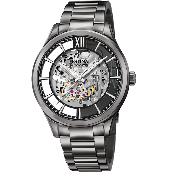 Мъжки ръчен часовник с автоматичен механизъм - корпус от Стомана - Стоманена верижка - цвят Скелетон Сив