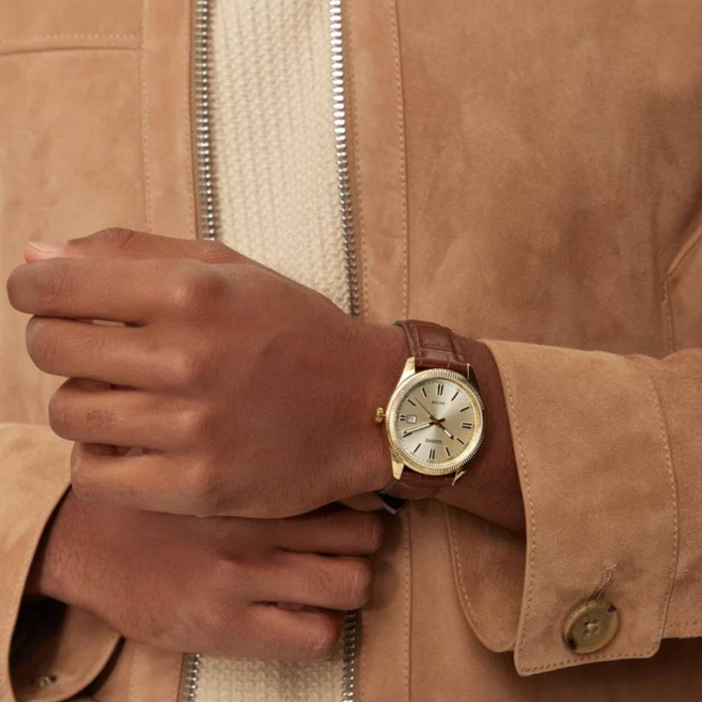 Мъжки ръчен часовник с кварцов механизъм - корпус от Стомана - Естествена кожа - цвят Зелен