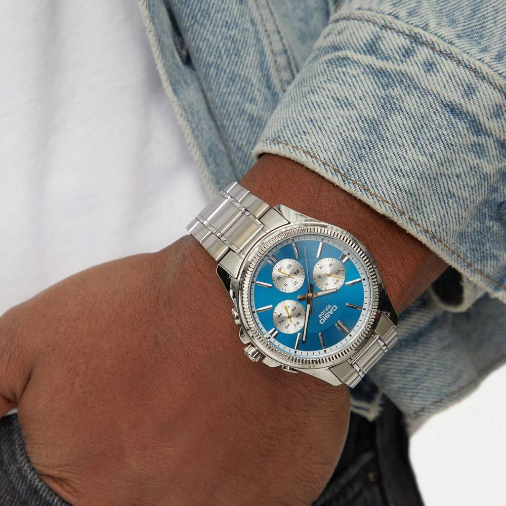 Мъжки ръчен часовник с кварцов механизъм - Стоманена верижка - цвят Син