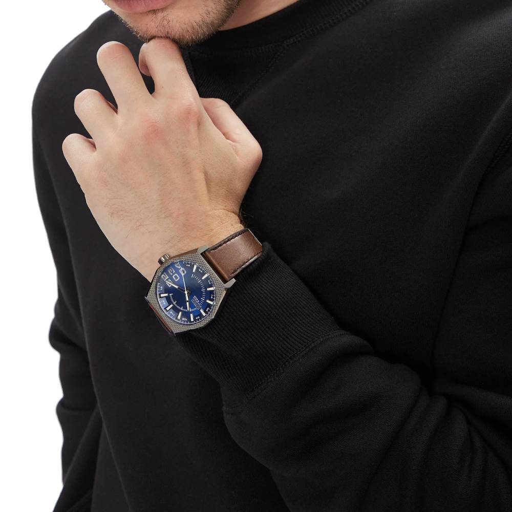 Diesel DZ2189 Scraper - Мъжки ръчен часовник с кварцов механизъм - корпус от Стомана - Естествена кожа - цвят Син