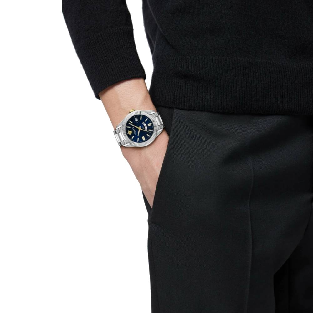 Мъжки ръчен часовник с кварцов механизъм - корпус от Стомана - Стоманена верижка - цвят Син Злато