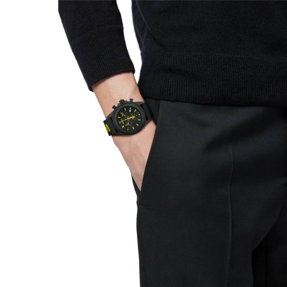 Мъжки ръчен часовник с кварцов механизъм - корпус от Стомана - Силиконова каишка - цвят Черен Жълт