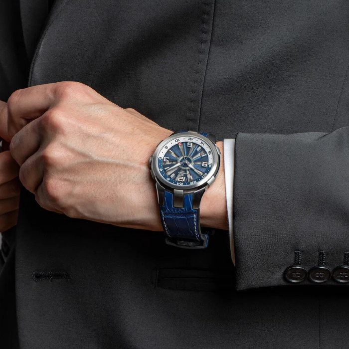 Мъжки ръчен часовник с автоматичен механизъм - корпус от Стомана - Естествена кожа - цвят Син