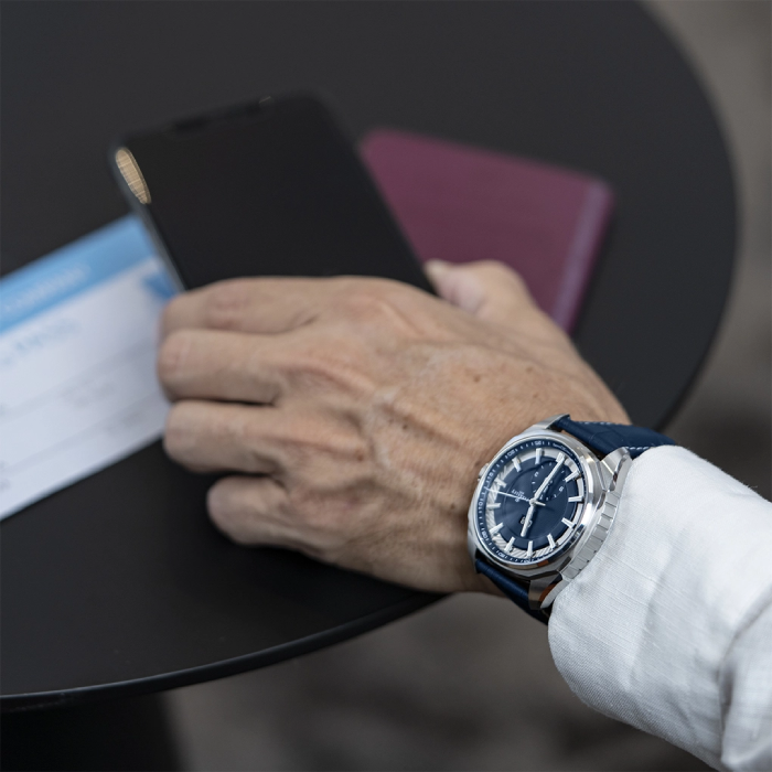 Мъжки ръчен часовник с автоматичен механизъм - корпус от Стомана - Естествена кожа - цвят Син