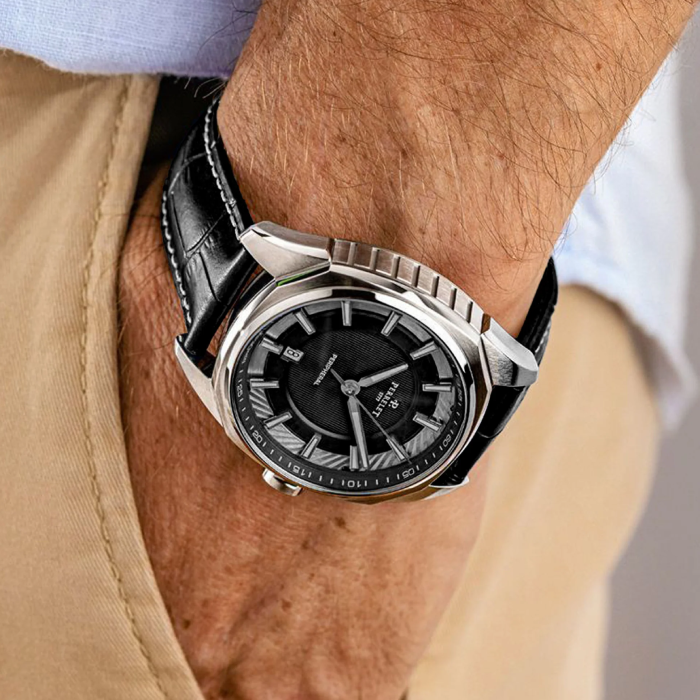 Мъжки ръчен часовник с автоматичен механизъм - корпус от Стомана - Естествена кожа - цвят Черен