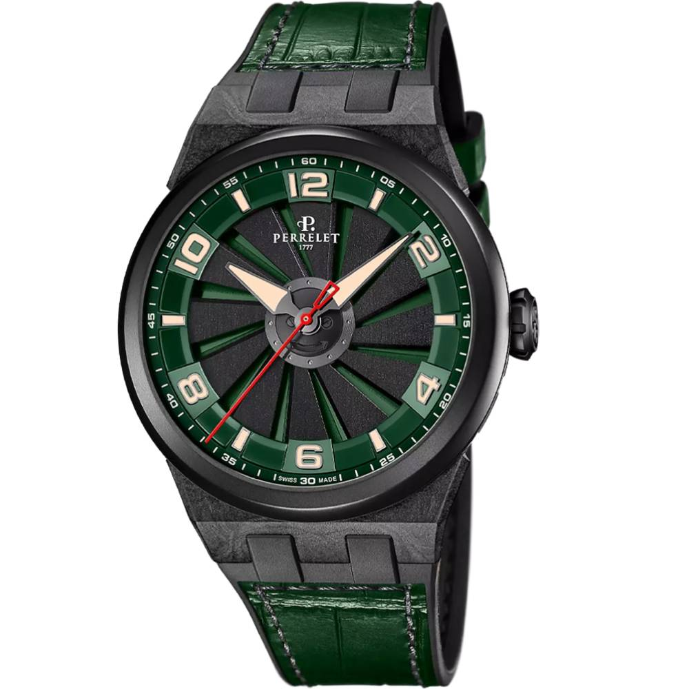 Мъжки ръчен часовник с автоматичен механизъм - Естествена кожа - цвят Черен Зелен
