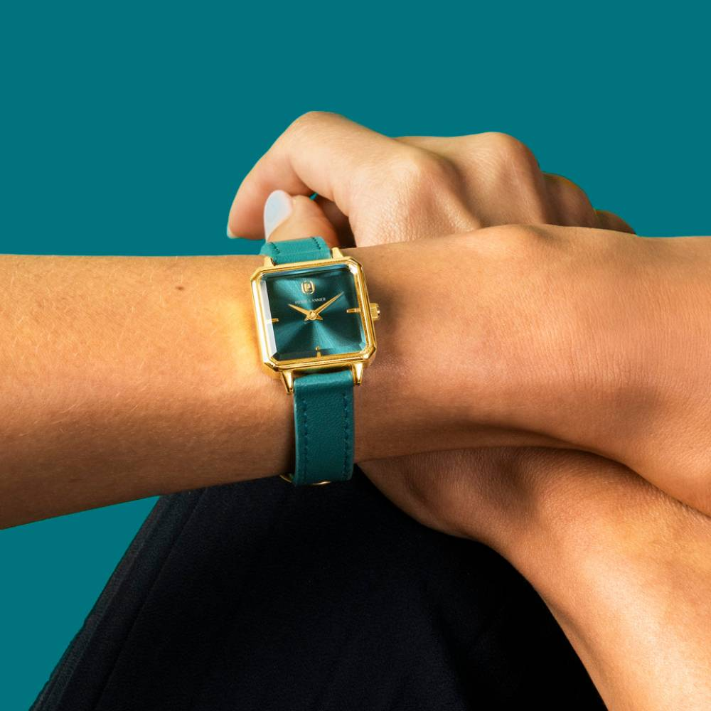 Дамски ръчен часовник с кварцов механизъм - корпус от Стомана - Естествена кожа - цвят Зелен Злато