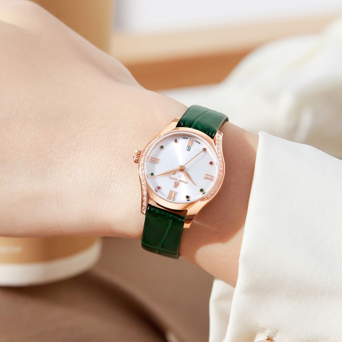 Дамски ръчен часовник с кварцов механизъм - корпус от Стомана - Естествена кожа - цвят Бял