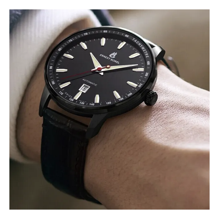 Мъжки ръчен часовник с автоматичен механизъм - корпус от Стомана - Стоманена верижка - цвят Черен