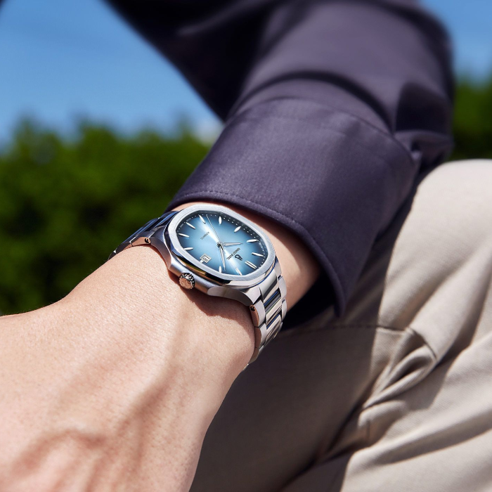 Мъжки ръчен часовник с автоматичен механизъм - корпус от Стомана - Стоманена верижка - цвят Син