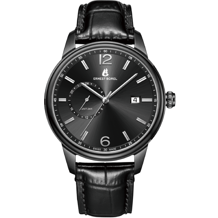 Мъжки ръчен часовник с кварцов механизъм - корпус от Стомана - Естествена кожа - цвят Черен