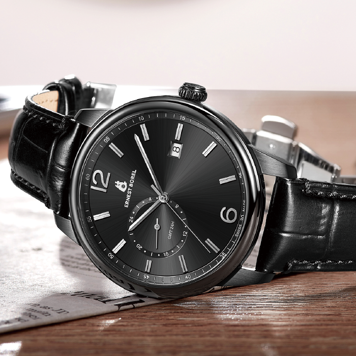 Мъжки ръчен часовник с кварцов механизъм - корпус от Стомана - Естествена кожа - цвят Черен