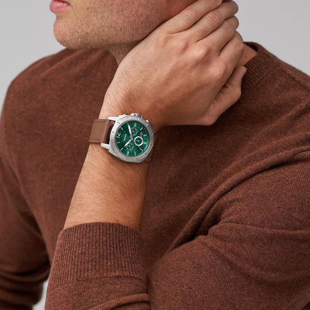 Мъжки ръчен часовник с кварцов механизъм - корпус от Стомана - Естествена кожа - цвят Зелен Зелен
