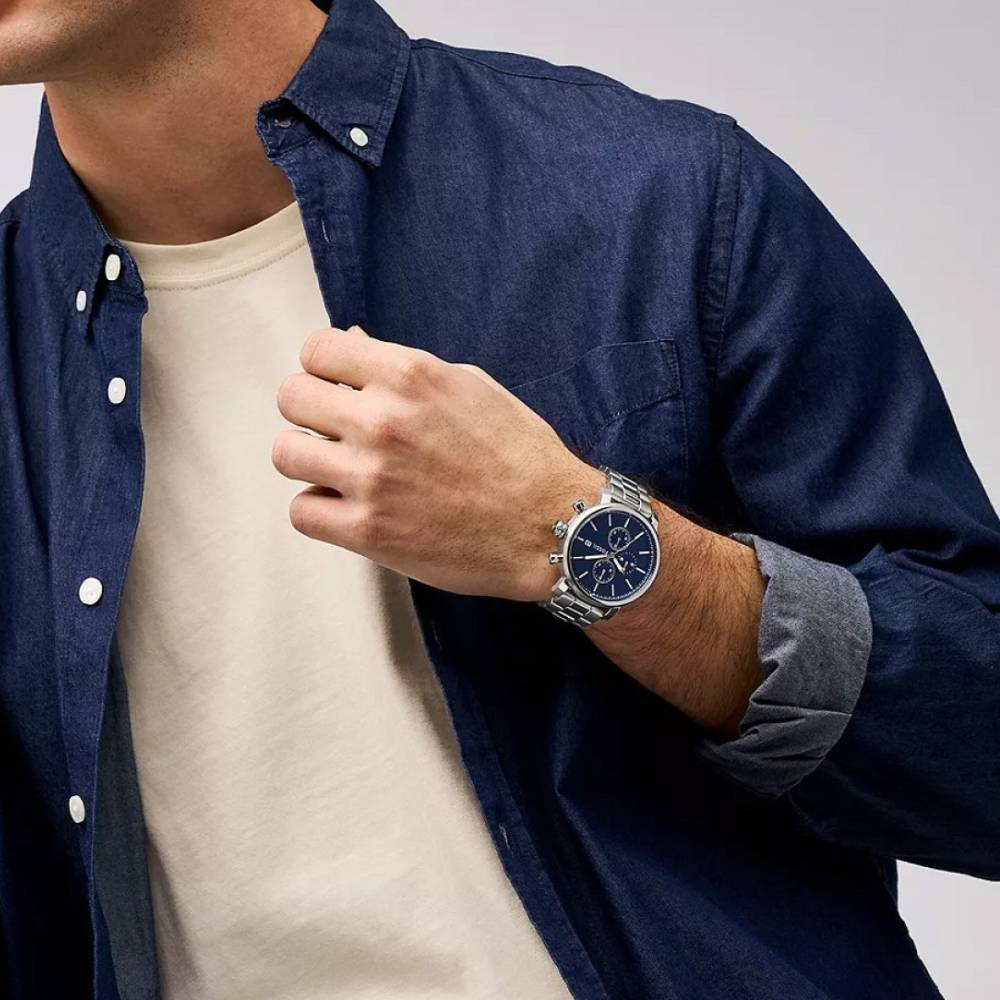 Мъжки ръчен часовник с кварцов механизъм - корпус от Стомана - Стоманена верижка - цвят Син