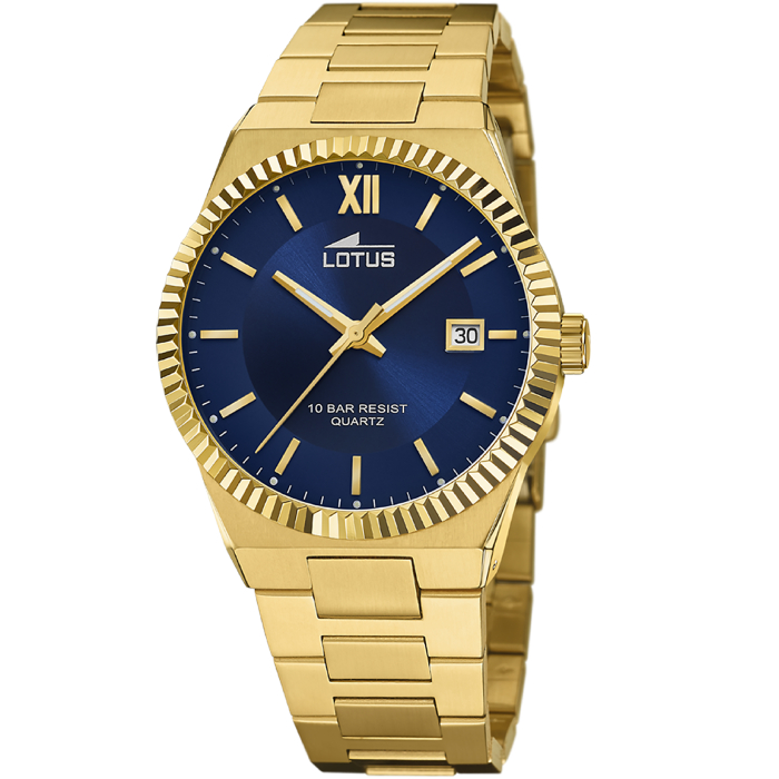 Мъжки ръчен часовник с кварцов механизъм - корпус от Стомана и злато 18К - Стоманена верижка - цвят Син