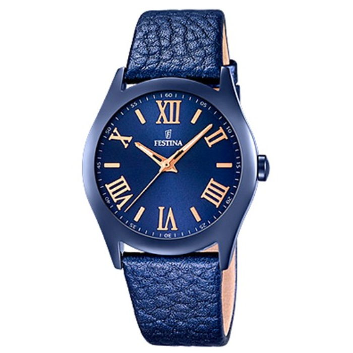 Дамски ръчен часовник с кварцов механизъм - корпус от Стомана - Естествена кожа - цвят Син Син