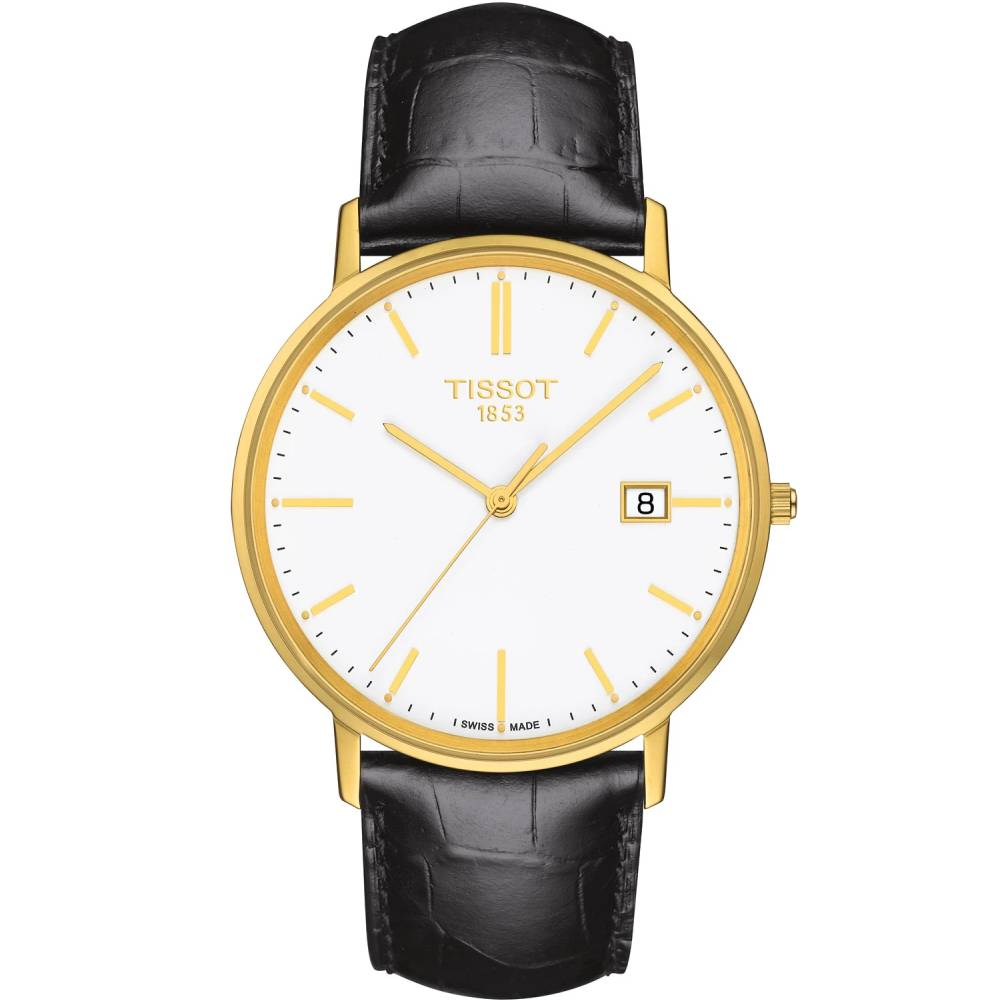 Мъжки ръчен часовник с кварцов механизъм - корпус от 18К Злато - Естествена кожа - цвят Бял Черен