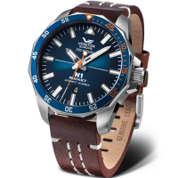 Мъжки ръчен часовник с автоматичен механизъм - корпус от Стомана - Естествена кожа - цвят Син